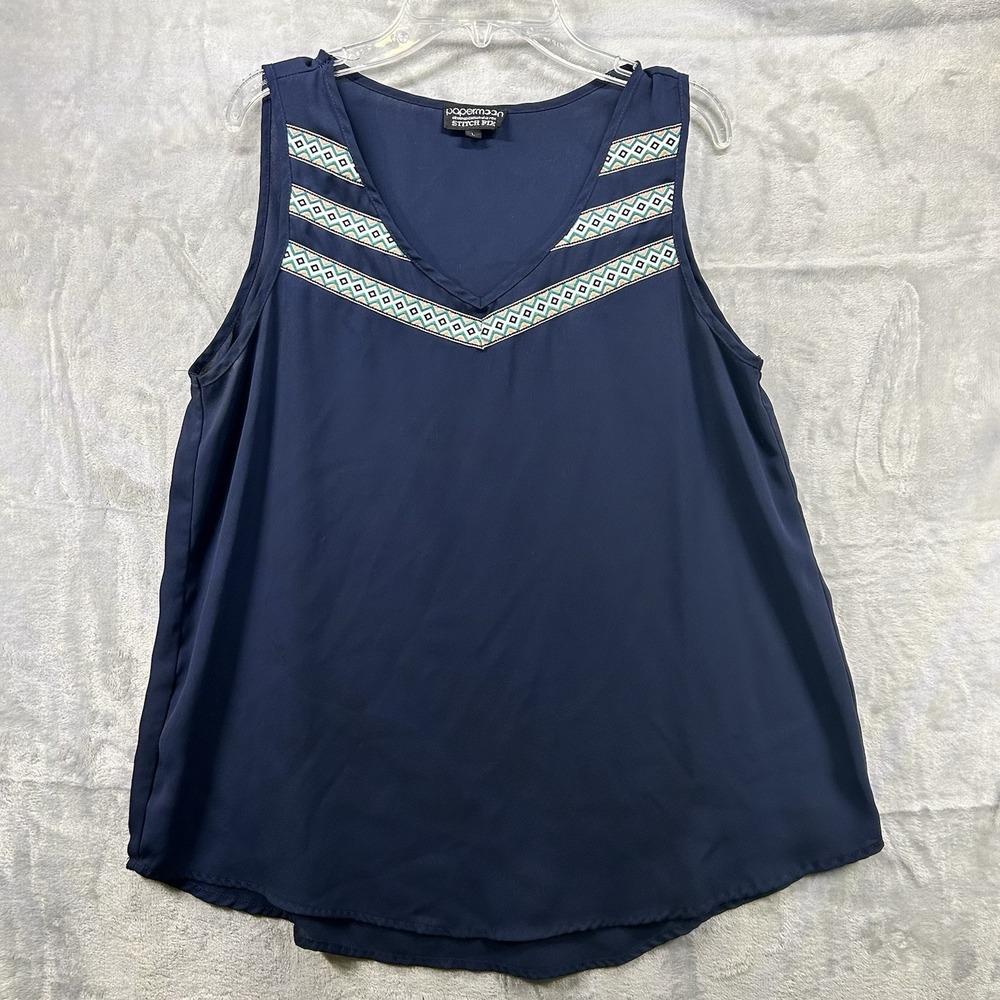 Papermoon Women's Top Size Large Sleeveless Navy-Blue V Neck Workwear Office